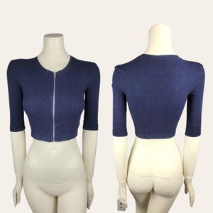 ASOS Zip-Front Crop Top Ribbed Short Sleeve Zip-Up Shirt Blouse Navy Blue US2
